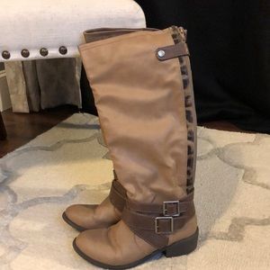 Pink & Pepper brown riding boots with leopard zip